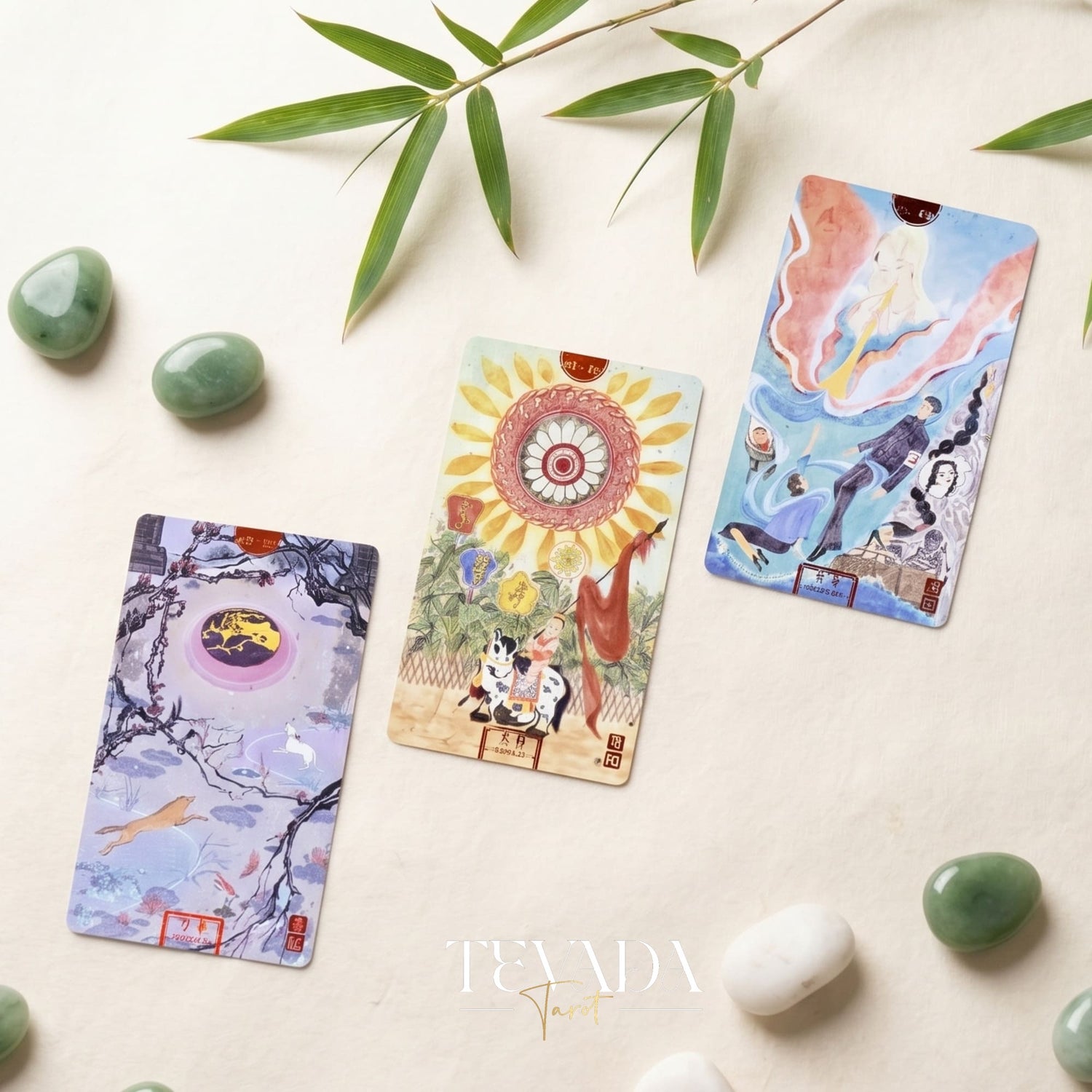 Chinese Cultural Relics Tarot vintage hand-drawn Indie Deck with holographic blue edges for ancestral self-reflection.