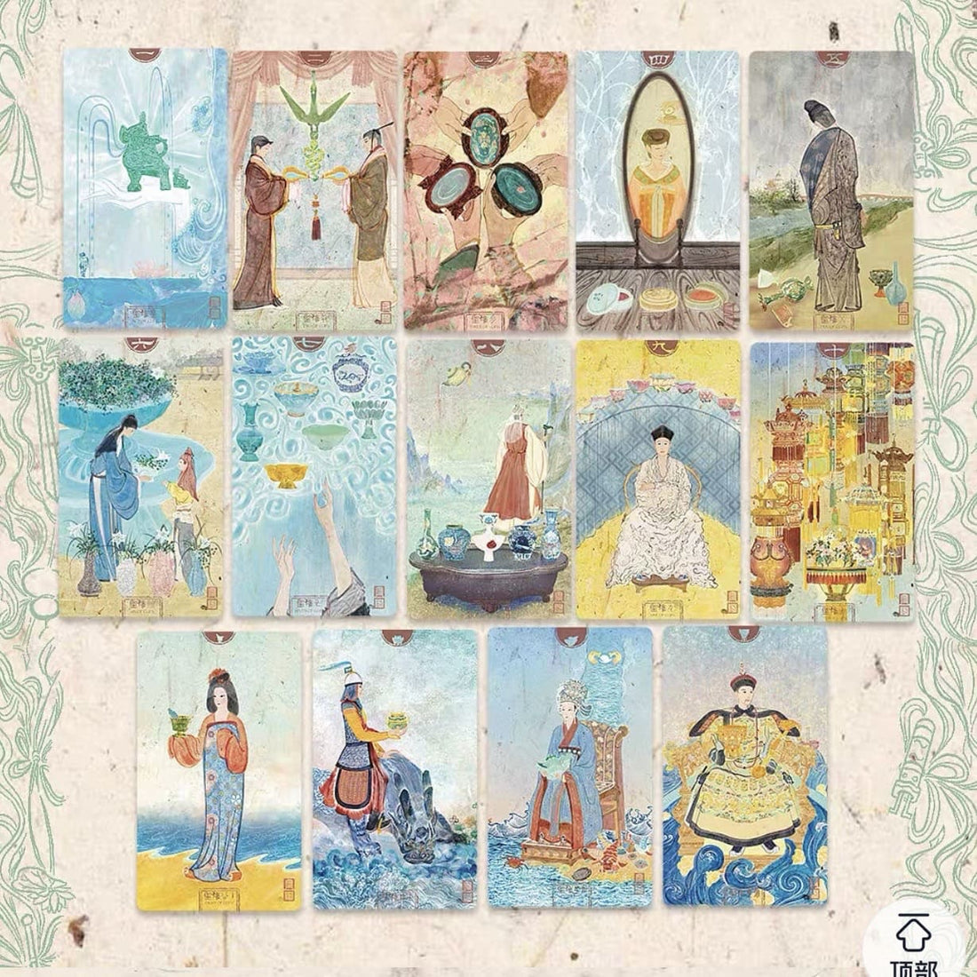 Chinese Cultural Relics Tarot vintage hand-drawn Indie Deck with holographic blue edges for ancestral self-reflection.