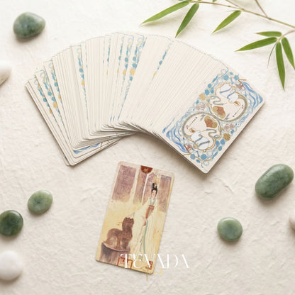 Chinese Cultural Relics Tarot vintage hand-drawn Indie Deck with holographic blue edges for ancestral self-reflection.