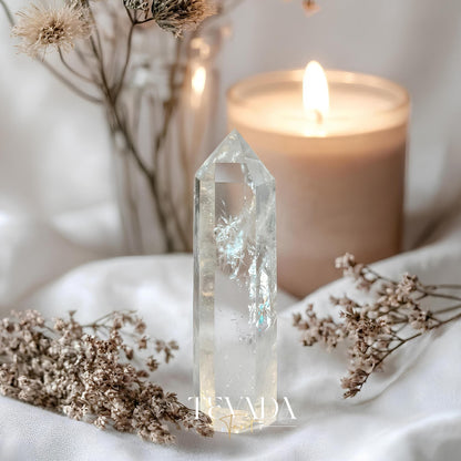 Healing Clear Quartz Point Tower natural stone for mental clarity and spiritual altar decor.