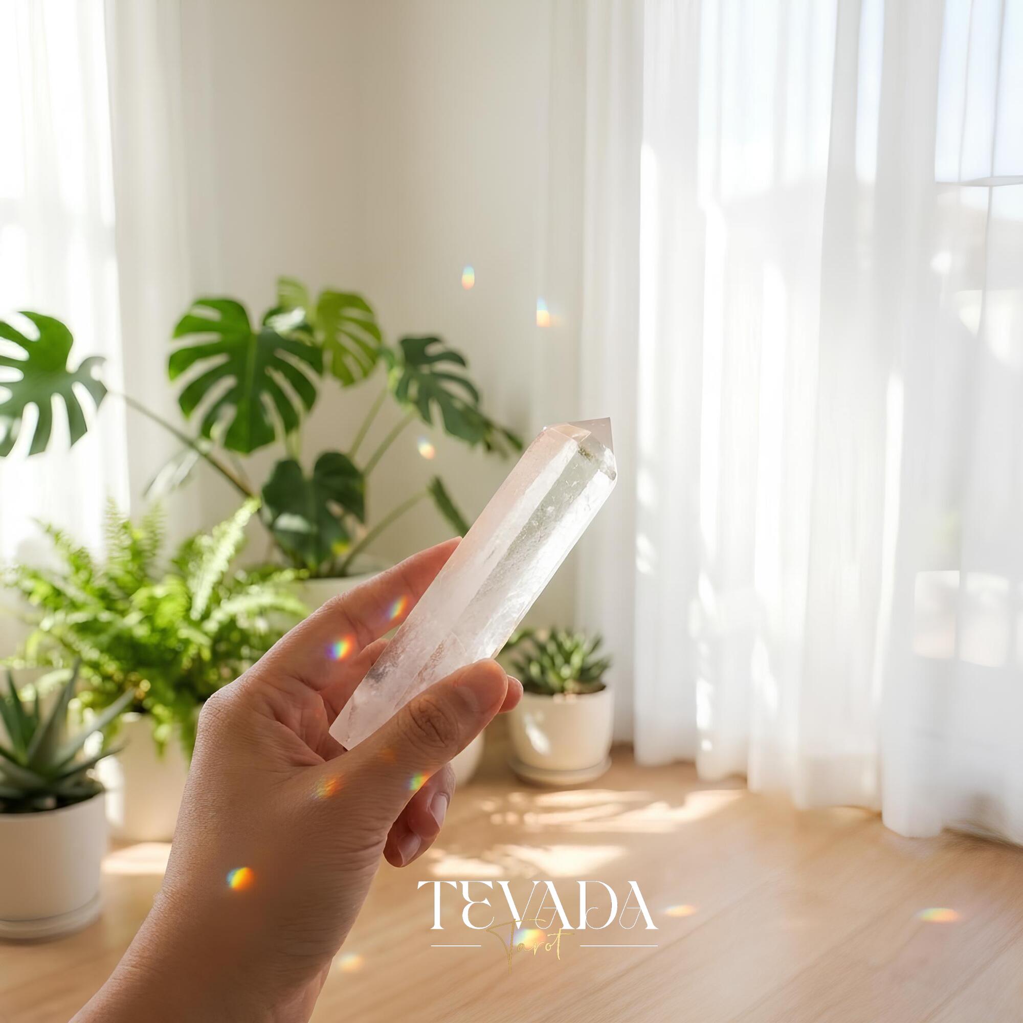 Healing Clear Quartz Point Tower natural stone for mental clarity and spiritual altar decor.