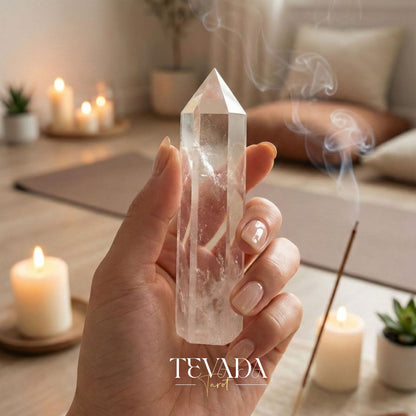 Healing Clear Quartz Point Tower natural stone for mental clarity and spiritual altar decor.