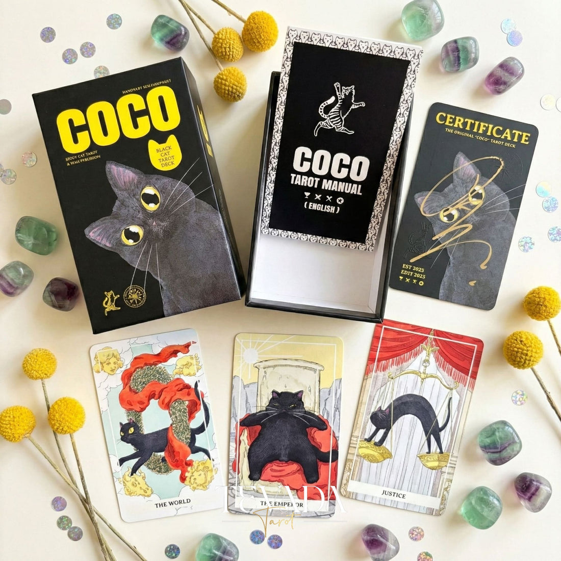 Coco Black Cat Tarot PRO Edition featuring playful black cat illustrations for intuitive divination and daily guidance.