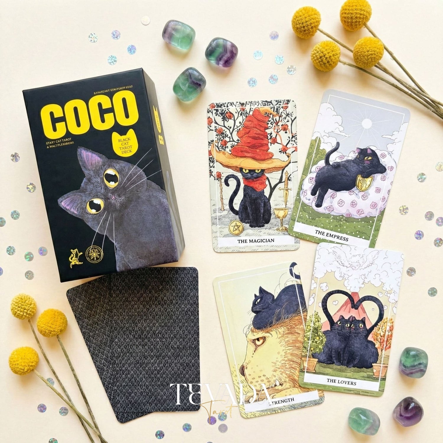 Coco Black Cat Tarot PRO Edition featuring playful black cat illustrations for intuitive divination and daily guidance.