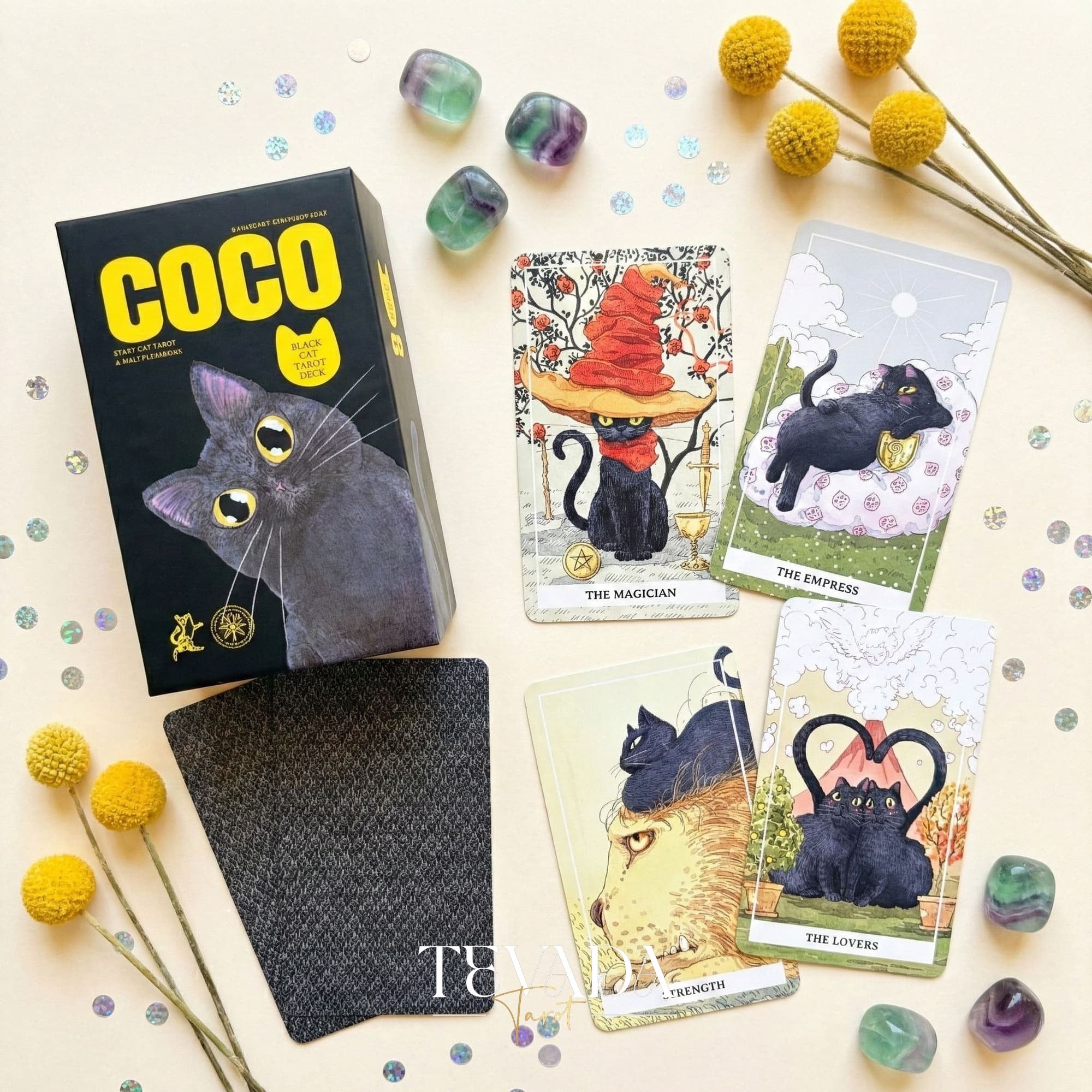 Coco Black Cat Tarot PRO Edition featuring playful black cat illustrations for intuitive divination and daily guidance.