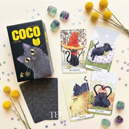 Coco Black Cat Tarot PRO Edition featuring playful black cat illustrations for intuitive divination and daily guidance.