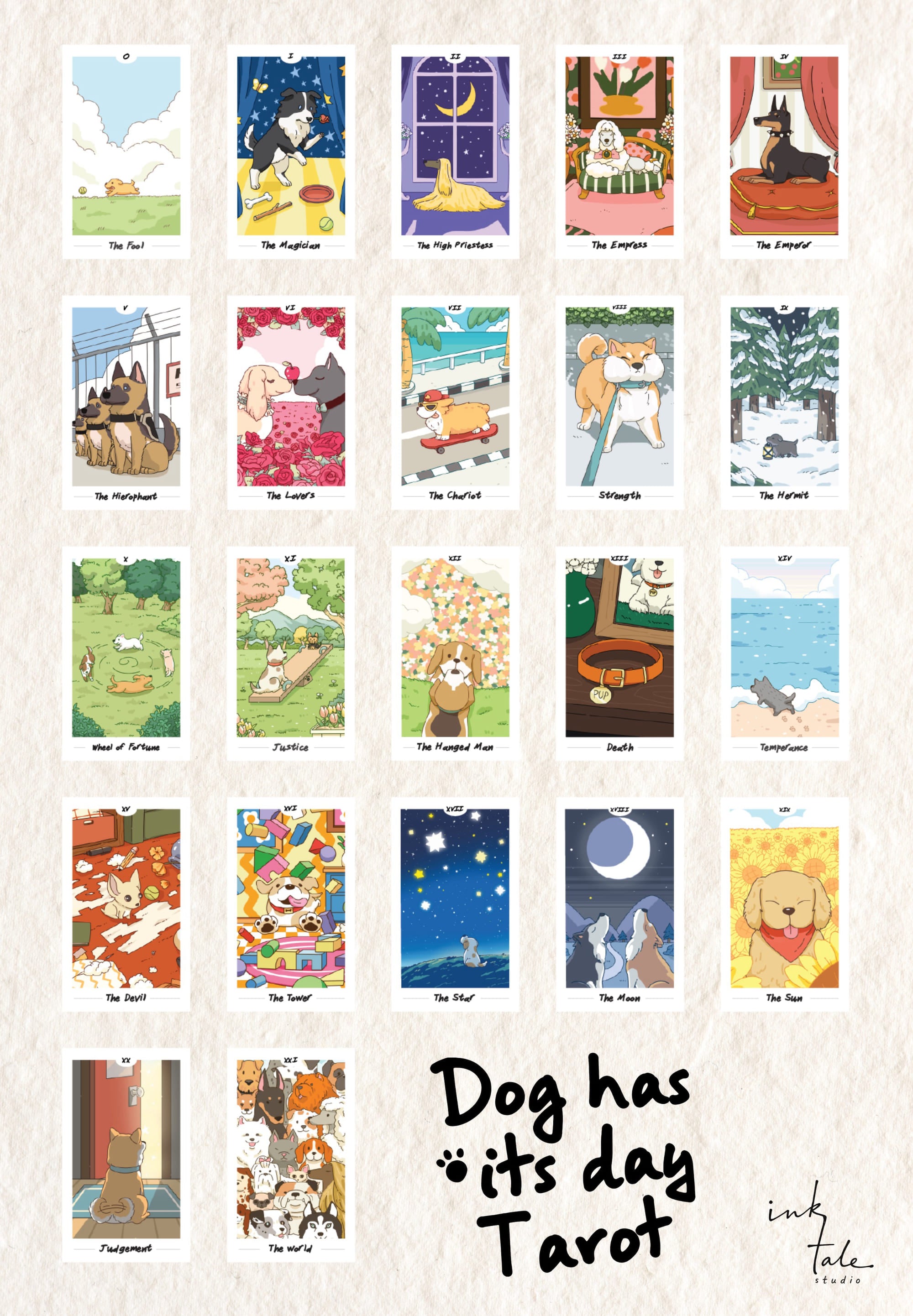 Dog has its day Tarot Deck pastel canine cartoon cards for gentle daily reflection