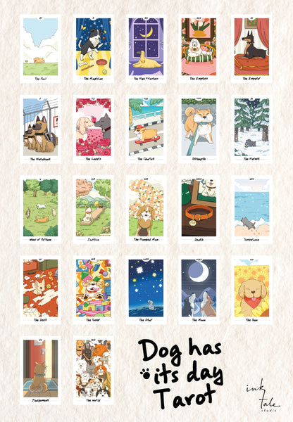 Dog has its day Tarot Deck pastel canine cartoon cards for gentle daily reflection