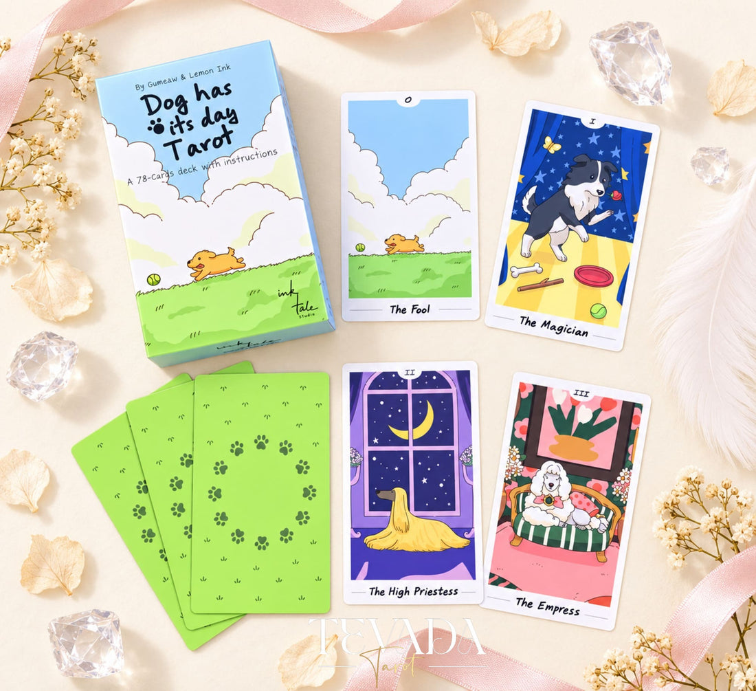Dog has its day Tarot Deck pastel canine cartoon cards for gentle daily reflection