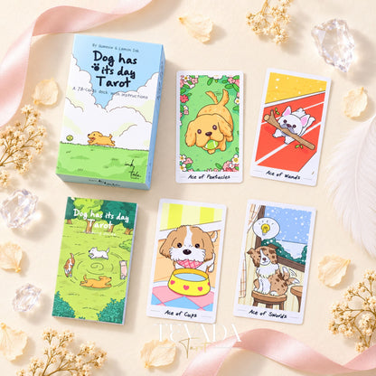 Dog has its day Tarot Deck pastel canine cartoon cards for gentle daily reflection