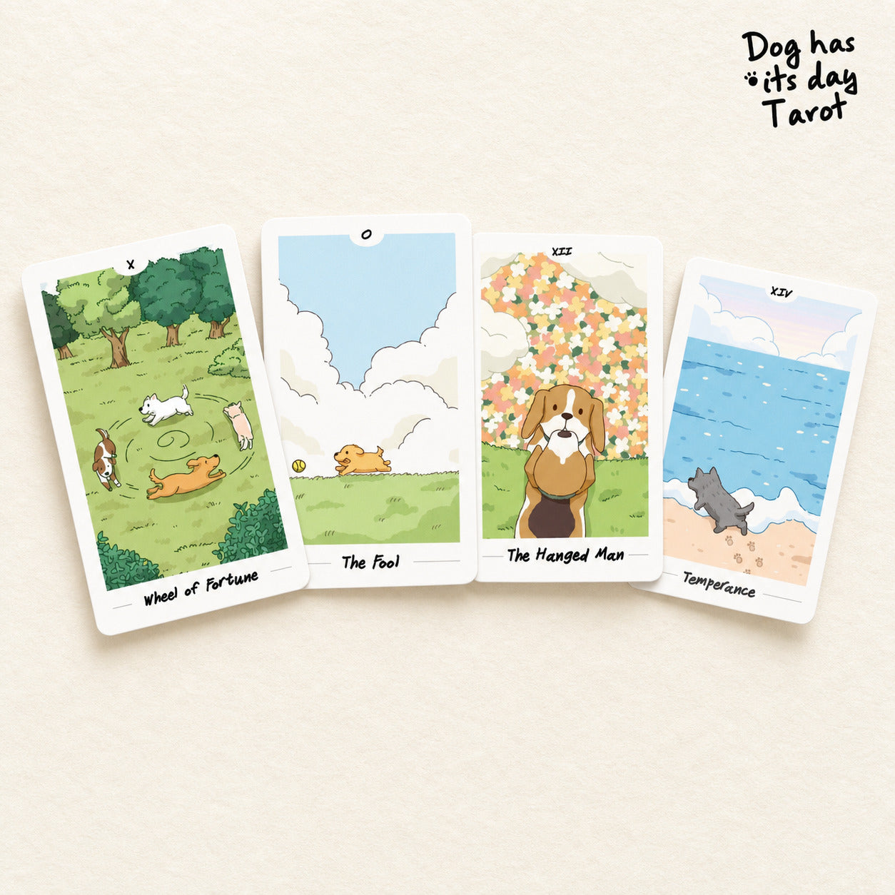 Dog has its day Tarot Deck pastel canine cartoon cards for gentle daily reflection