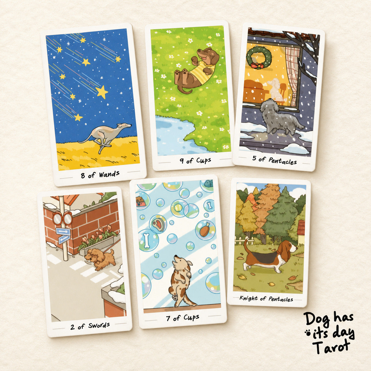 Dog has its day Tarot Deck pastel canine cartoon cards for gentle daily reflection