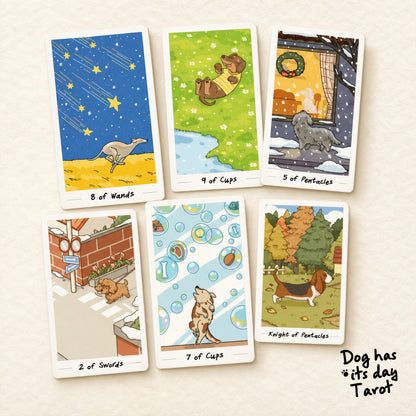 Dog has its day Tarot Deck pastel canine cartoon cards for gentle daily reflection