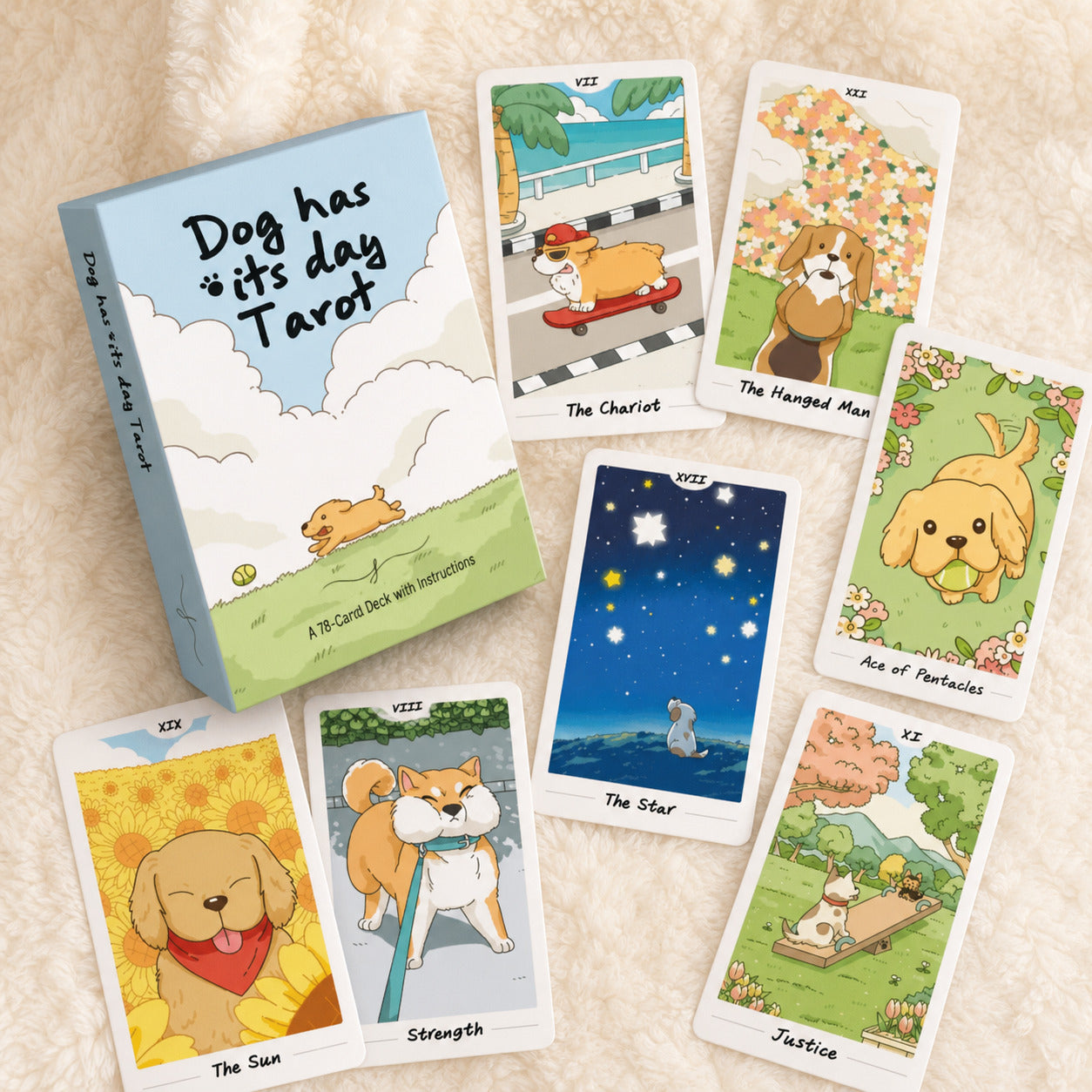 Dog has its day Tarot Deck pastel canine cartoon cards for gentle daily reflection