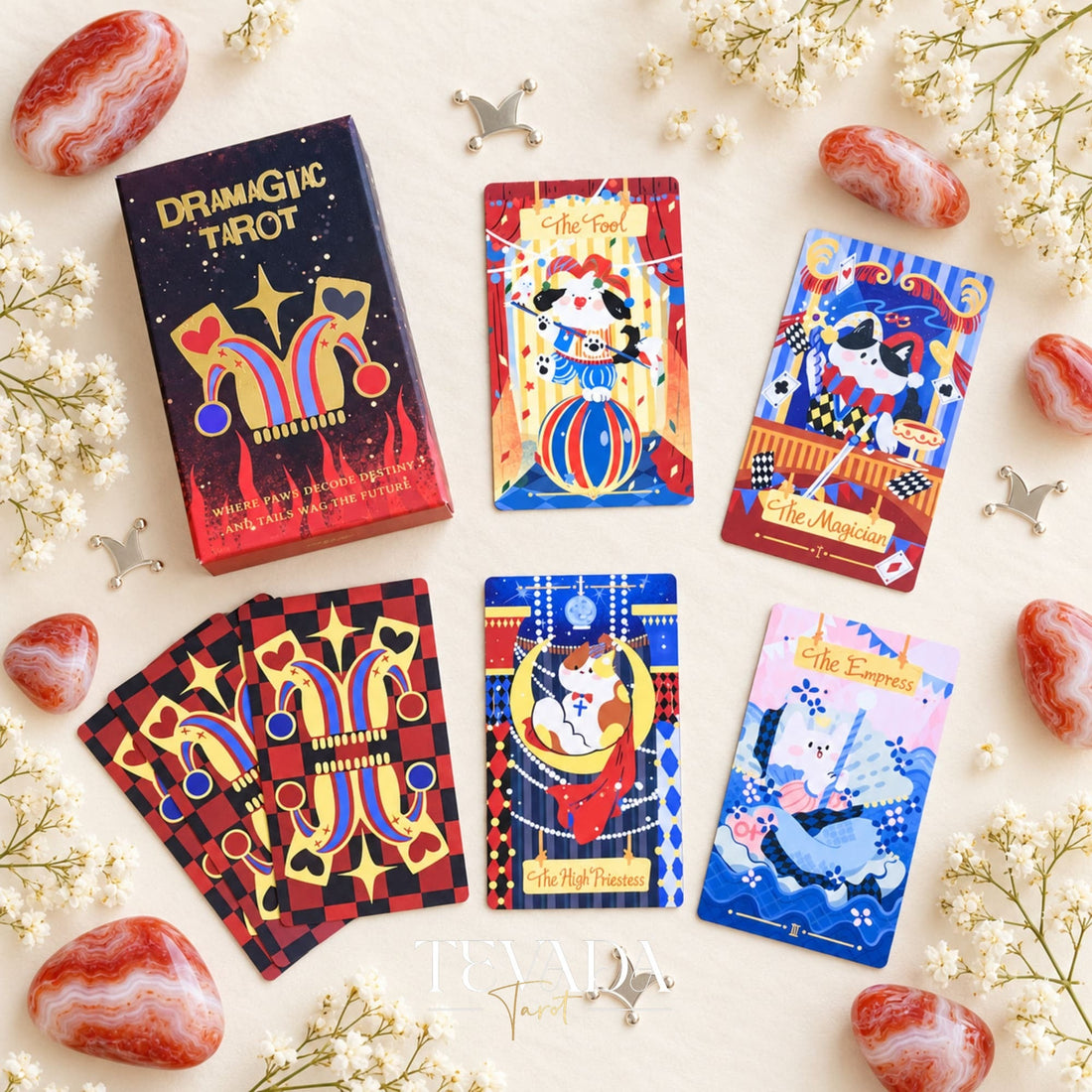 Dramagiac Tarot RED whimsical animal Indie Tarot Deck for joyful daily guidance