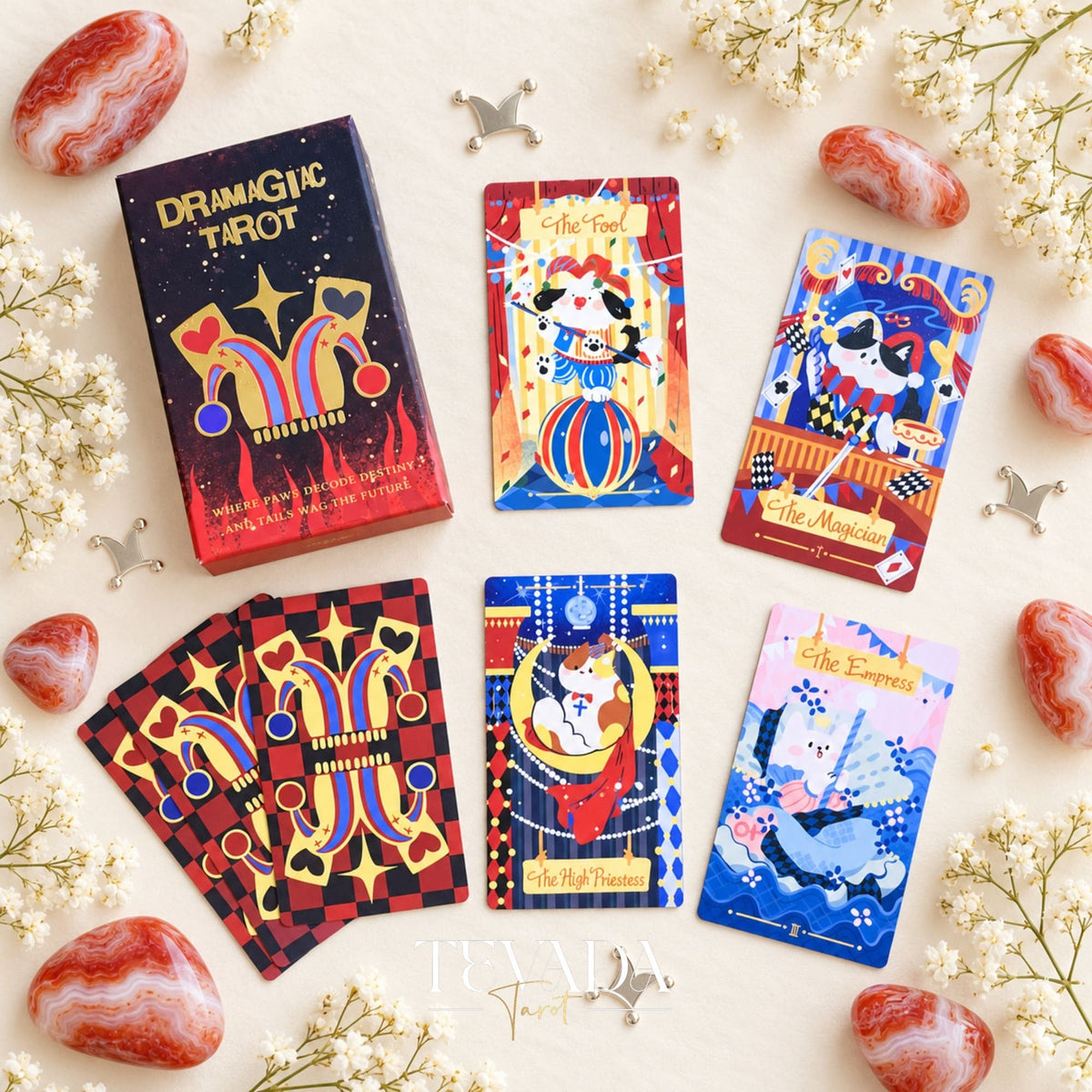 Dramagiac Tarot RED whimsical animal Indie Tarot Deck for joyful daily guidance