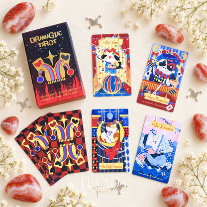 Dramagiac Tarot RED whimsical animal Indie Tarot Deck for joyful daily guidance
