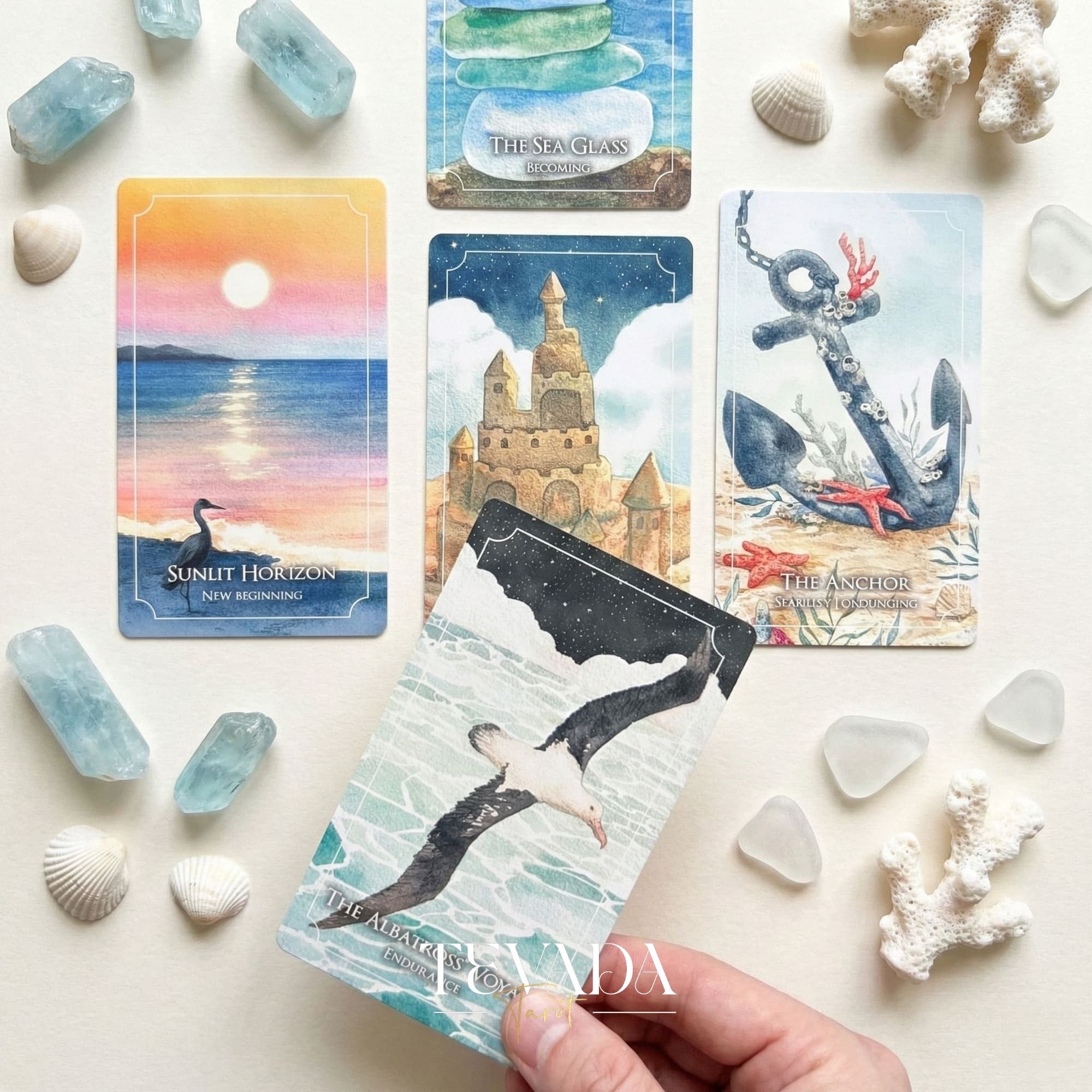 The Dreaming Waves Oracle watercolor ocean art Indie Oracle Deck for healing and meditation.