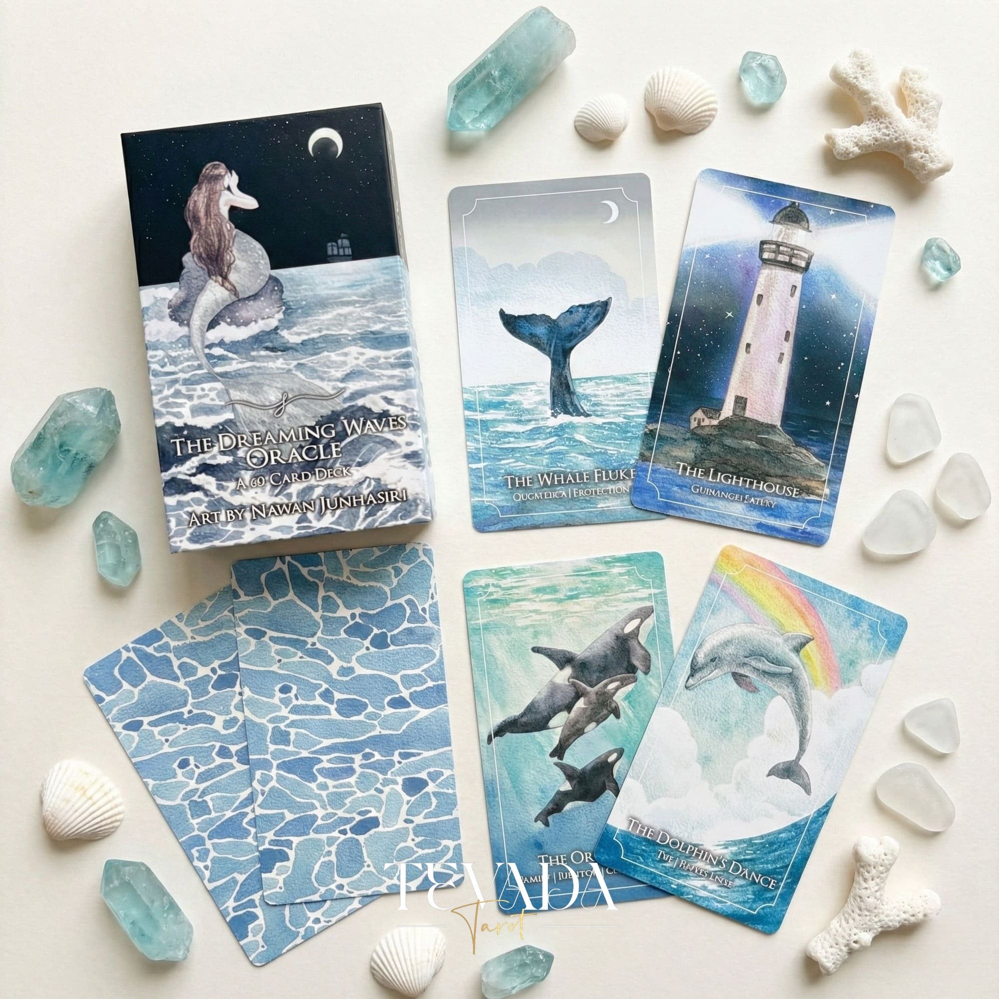 The Dreaming Waves Oracle watercolor ocean art Indie Oracle Deck for healing and meditation.