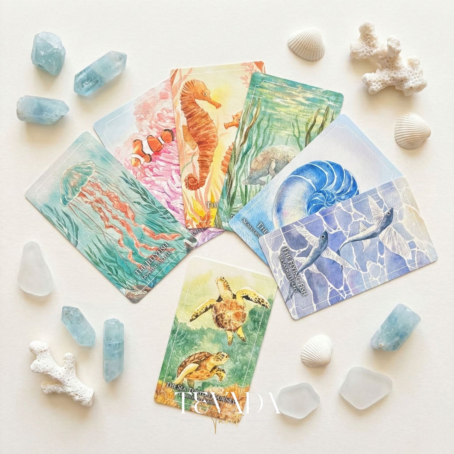 The Dreaming Waves Oracle watercolor ocean art Indie Oracle Deck for healing and meditation.