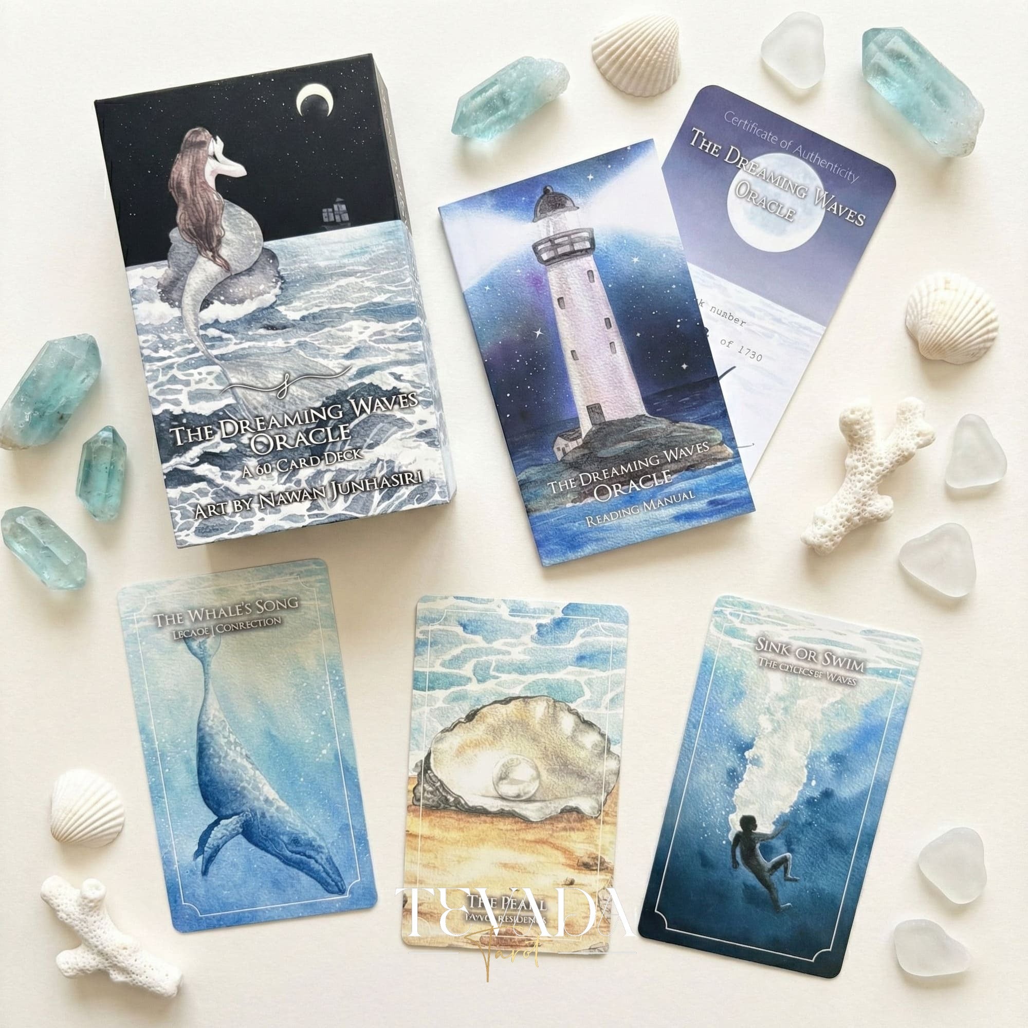 The Dreaming Waves Oracle watercolor ocean art Indie Oracle Deck for healing and meditation.