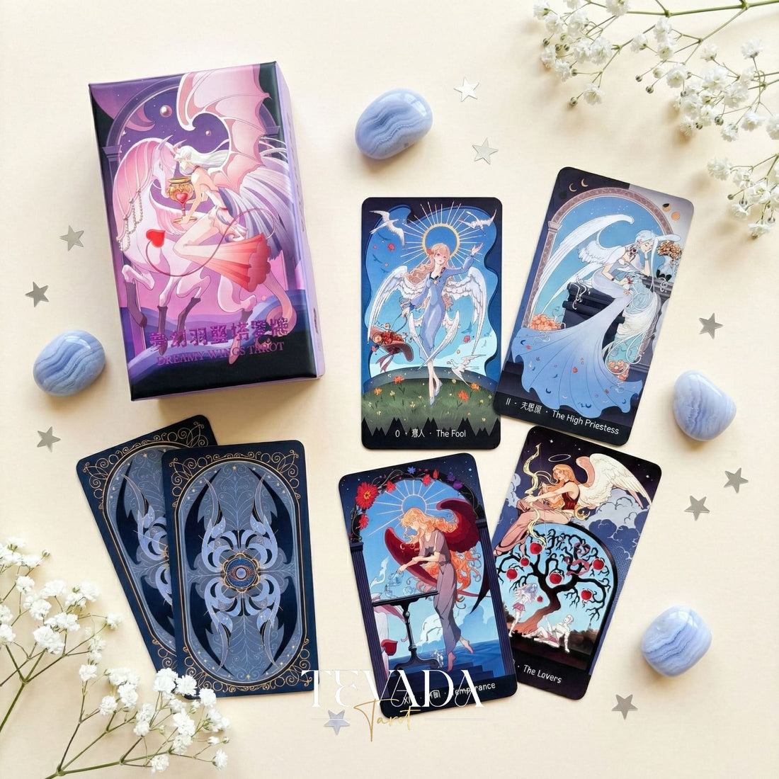 Dreamy Wings Tarot Deck whimsical cartoon Indie Tarot Cards for gentle shadow work and healing self-reflection.