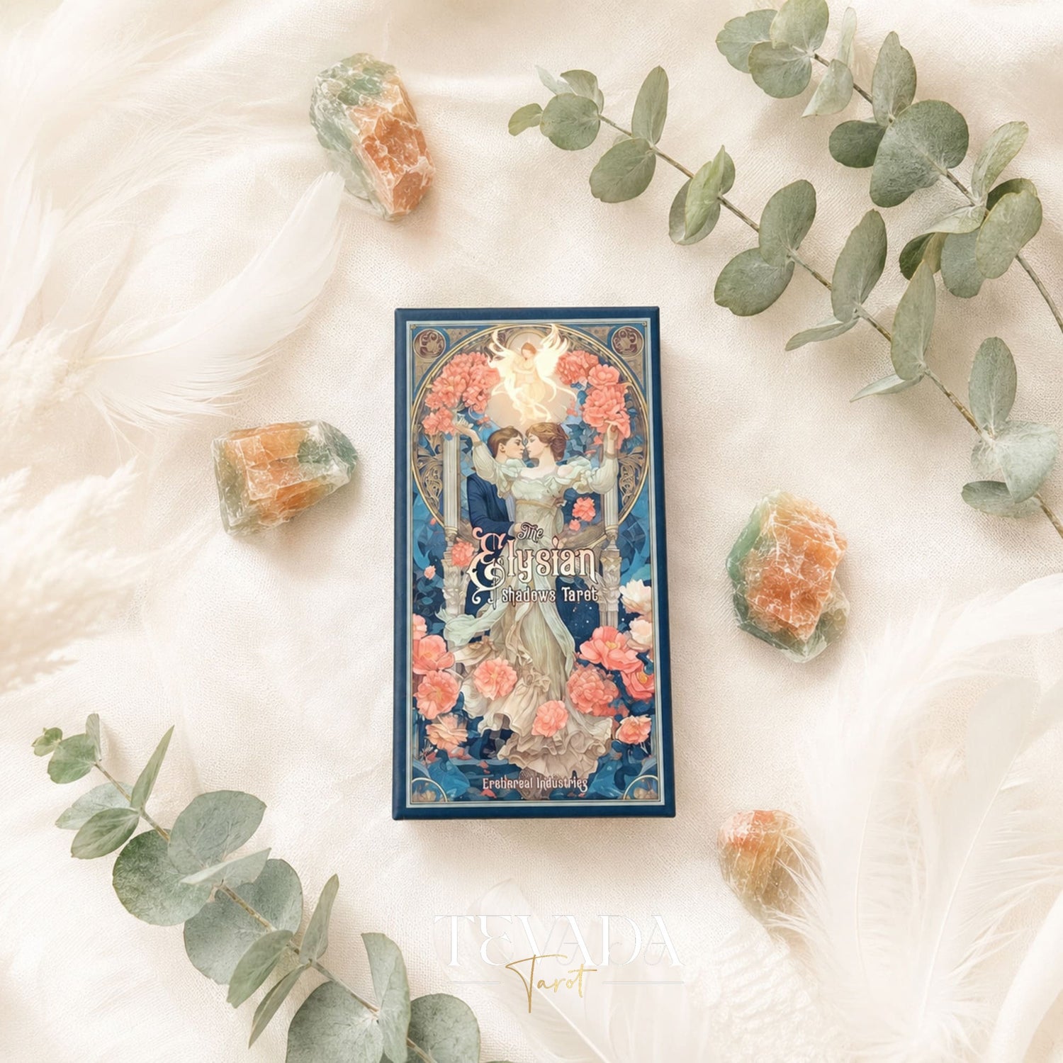 Elysian Shadows Victorian Art Nouveau gold foil tarot deck in keepsake box, for shadow work and intuitive reading.