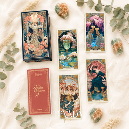 Elysian Shadows Victorian Art Nouveau gold foil tarot deck in keepsake box, for shadow work and intuitive reading.