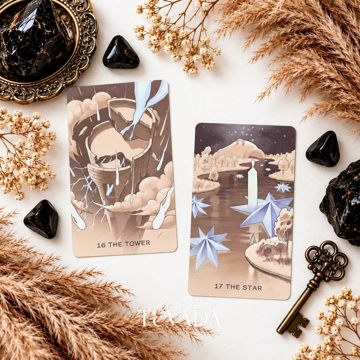 Ethereal Poetry Tarot Deluxe The Tower and The Star card fronts in brown, cream and pale blue tones.