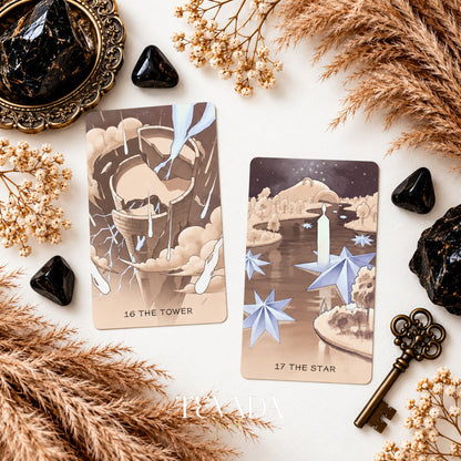 Ethereal Poetry Tarot Deluxe The Tower and The Star card fronts in brown, cream and pale blue tones.