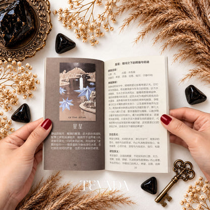 Ethereal Poetry Tarot Deluxe open guidebook held in two hands, showing a tarot card illustration and Chinese explanatory text.