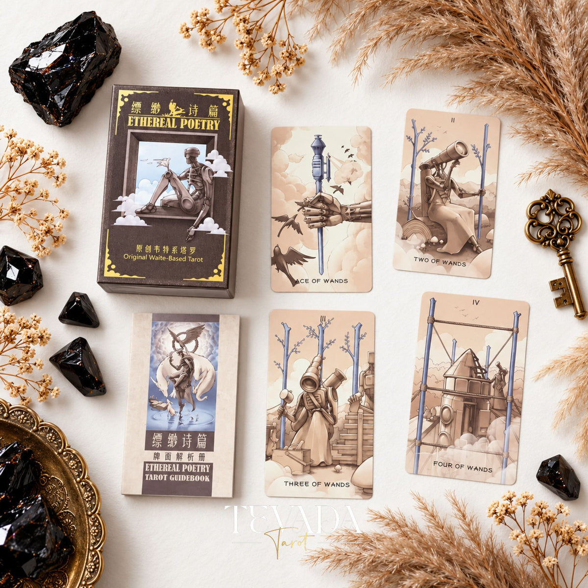 Ethereal Poetry Tarot Deluxe box beside five sepia-toned tarot card fronts on a white background with dried grasses.