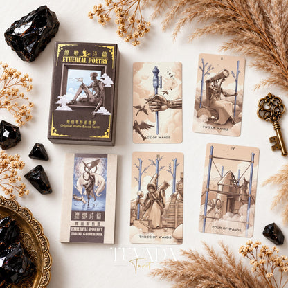 Ethereal Poetry Tarot Deluxe box beside five sepia-toned tarot card fronts on a white background with dried grasses.