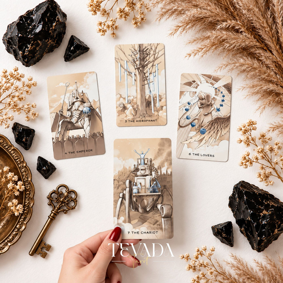 A hand holds The Chariot from Ethereal Poetry Tarot Deluxe, with three sepia illustrated tarot cards arranged behind it.