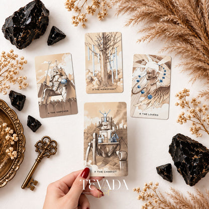 A hand holds The Chariot from Ethereal Poetry Tarot Deluxe, with three sepia illustrated tarot cards arranged behind it.