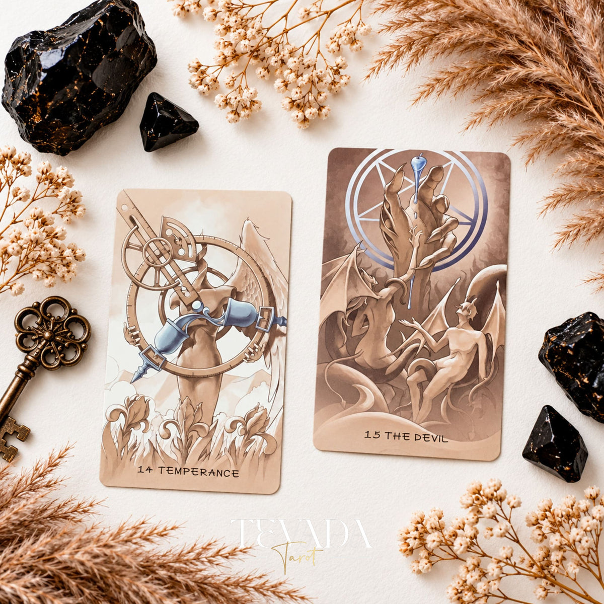Ethereal Poetry Tarot Deluxe Wheel of Fortune and The Devil cards displayed side by side among black crystals.