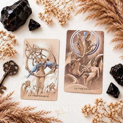 Ethereal Poetry Tarot Deluxe Wheel of Fortune and The Devil cards displayed side by side among black crystals.