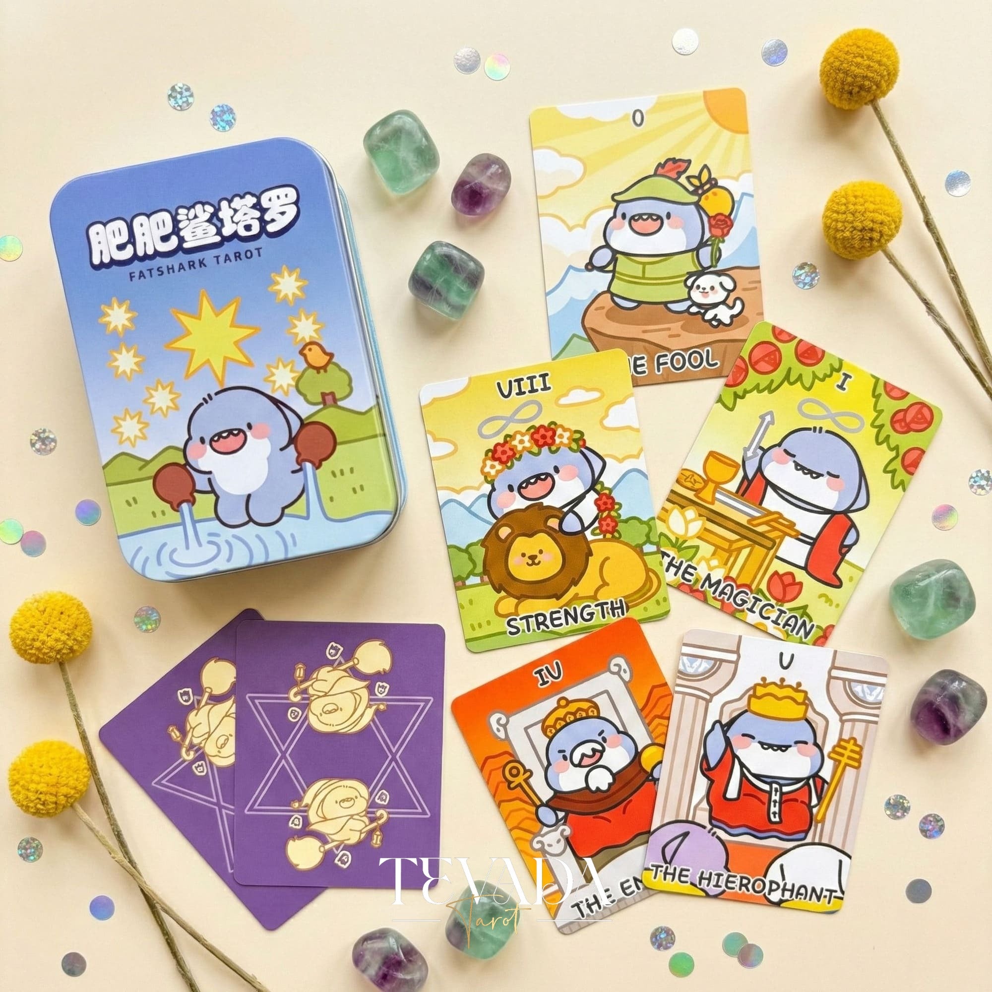 Fat Shark Tarot Deck cute cartoon Indie Tarot Deck in pocket tin box for beginner divination and travel.
