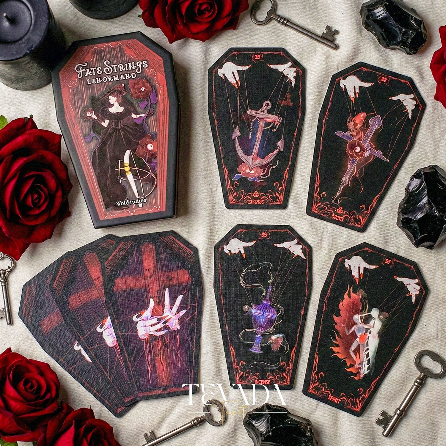 Fate Strings Lenormand Deck featuring gothic marionette art for intuitive divination and destiny work.