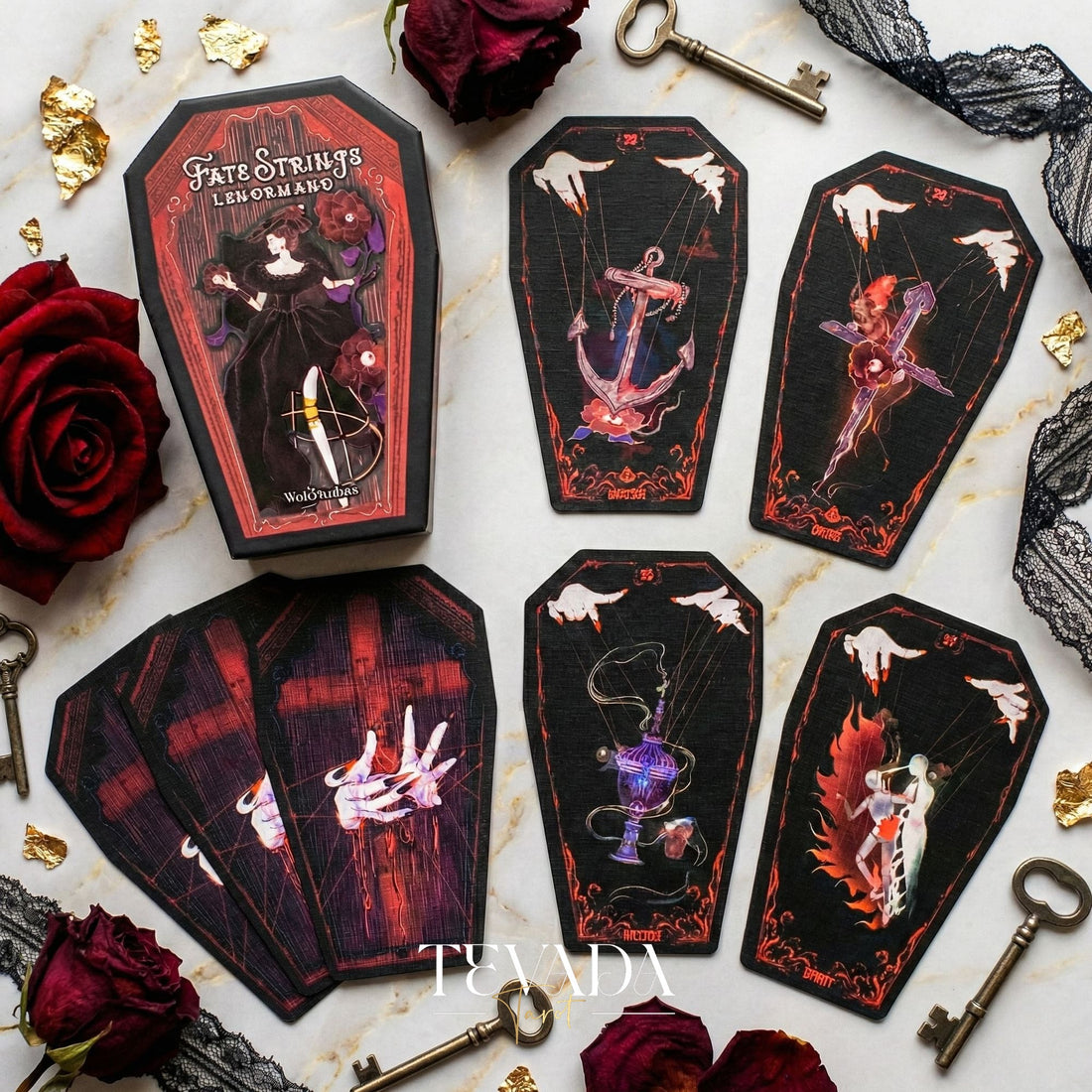 Fate Strings Lenormand Deck featuring gothic marionette art for intuitive divination and destiny work.