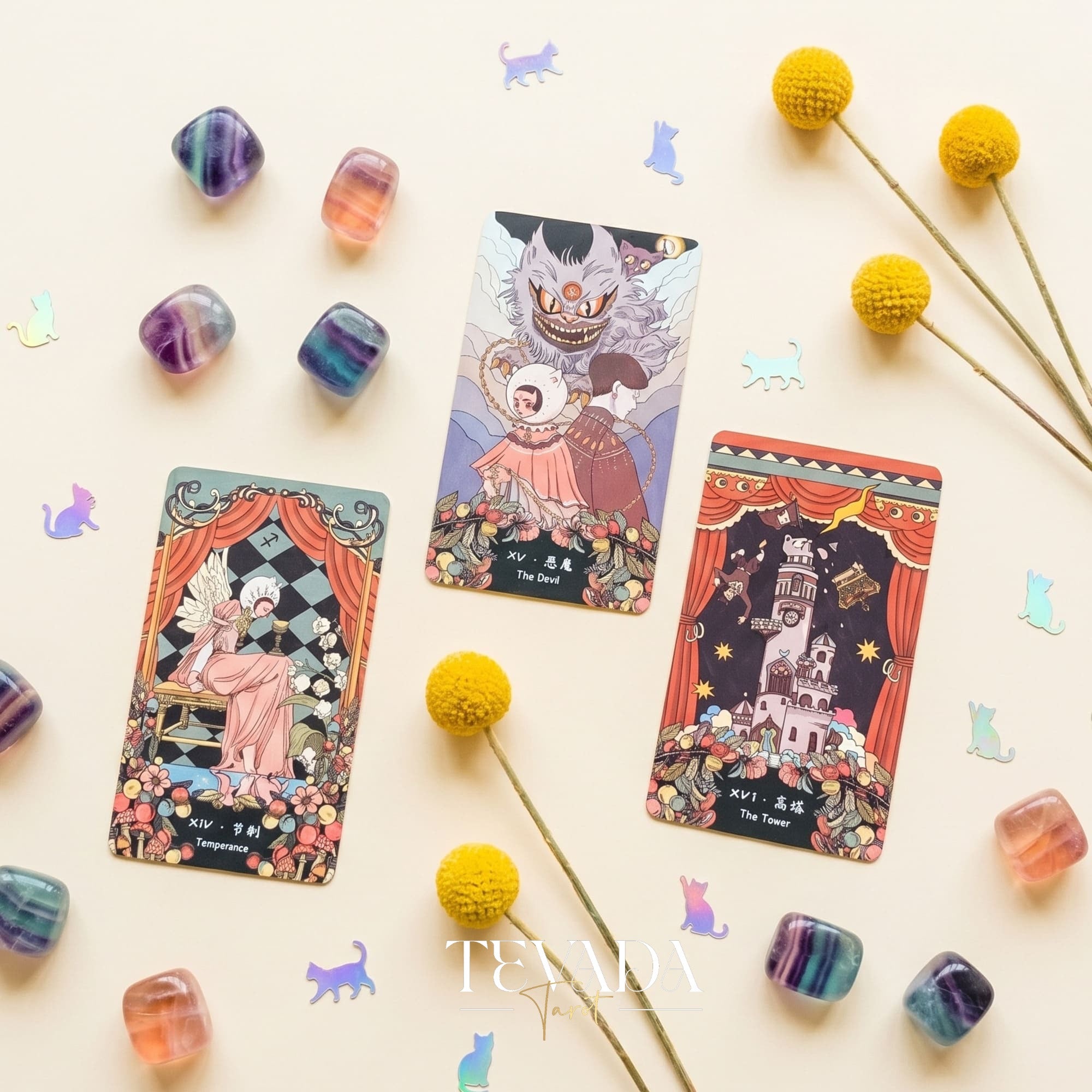 Felinaeon Tarot whimsical cat-woman vintage indie deck for inner child healing and daily tarot reading