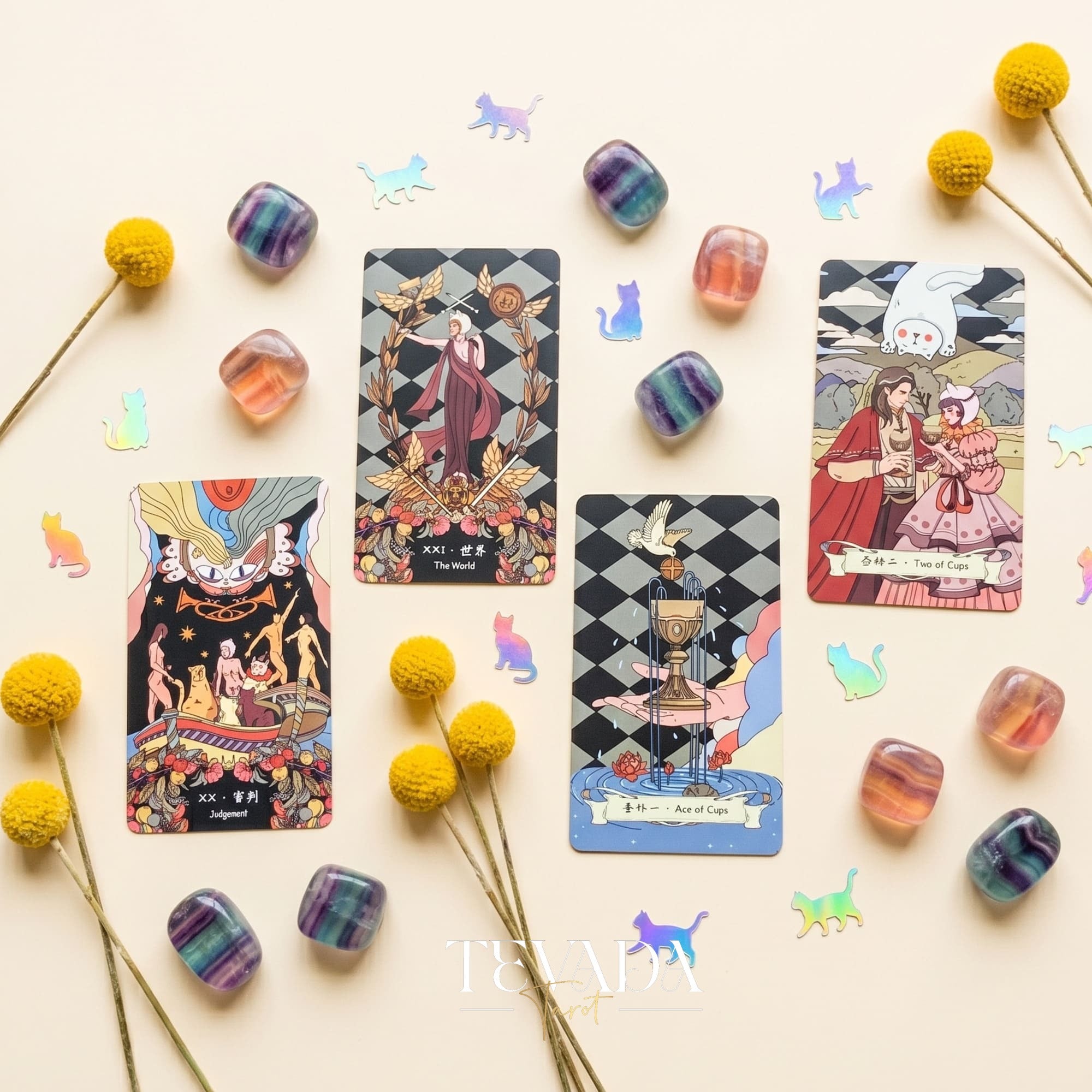 Felinaeon Tarot whimsical cat-woman vintage indie deck for inner child healing and daily tarot reading