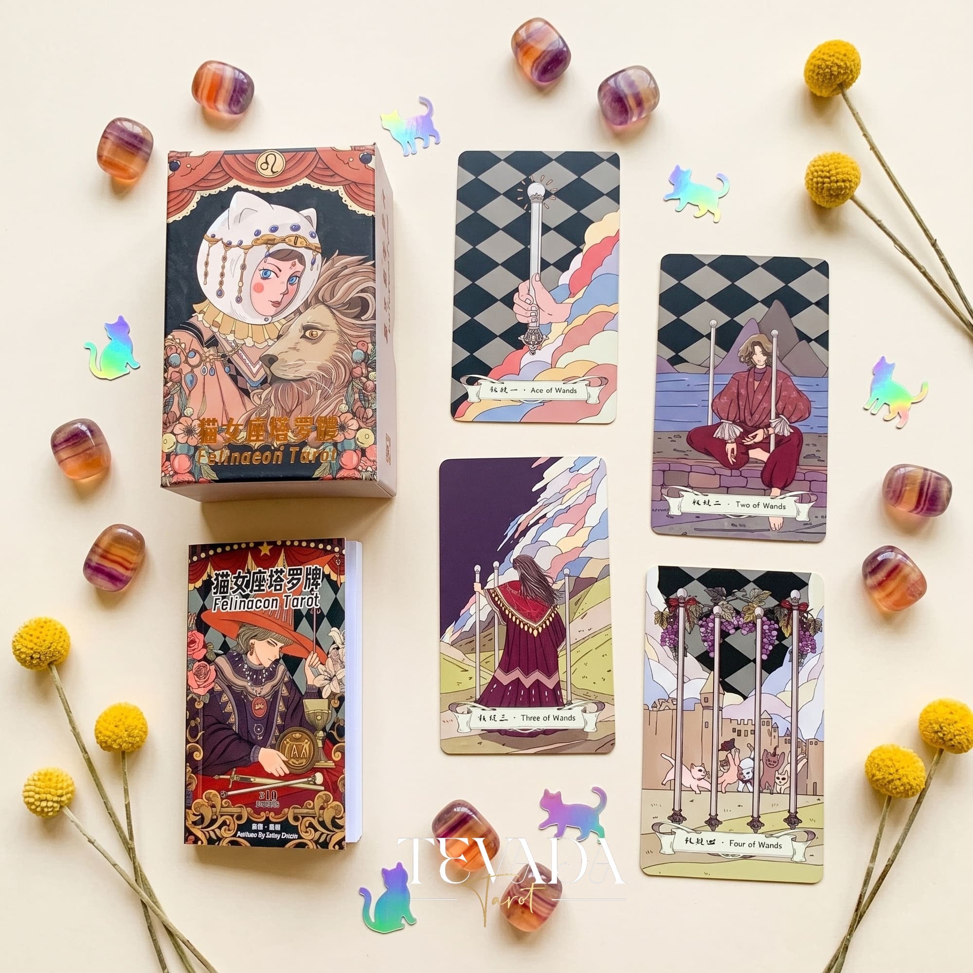 Felinaeon Tarot whimsical cat-woman vintage indie deck for inner child healing and daily tarot reading