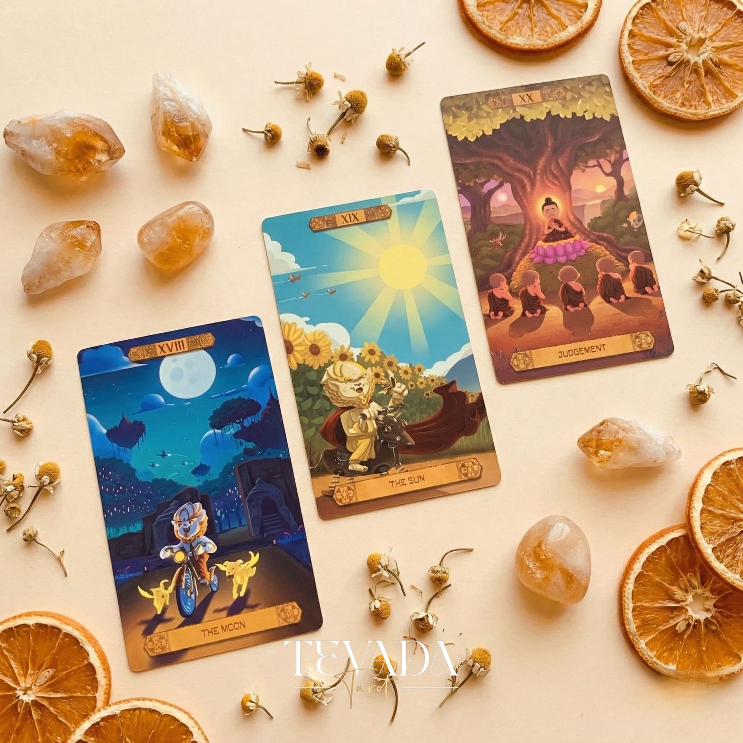 Journey to the Golden Realm Tarot Deck with cute Burmese mythology art and matte-teal edges for intuitive guidance.