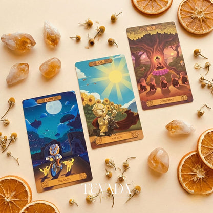 Journey to the Golden Realm Tarot Deck with cute Burmese mythology art and matte-teal edges for intuitive guidance.