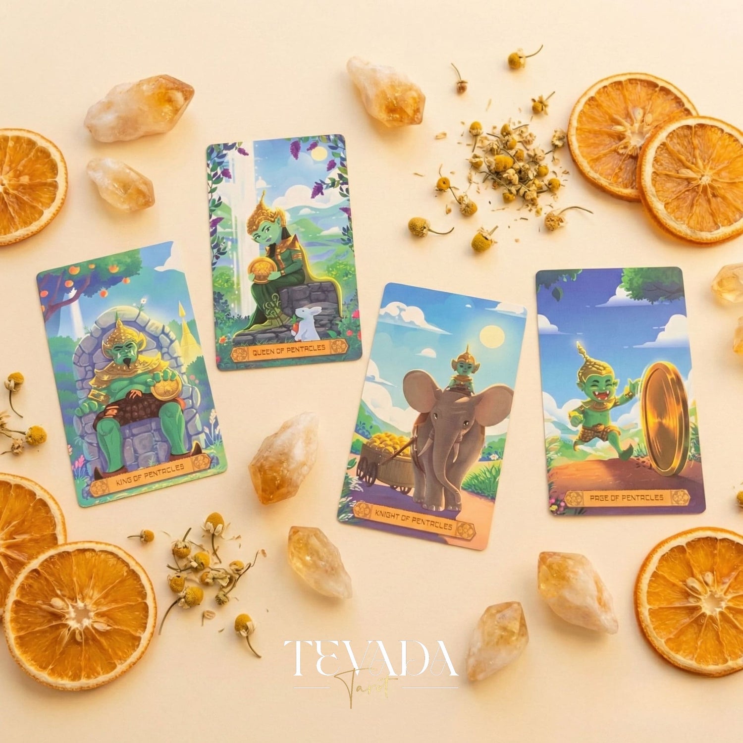 Journey to the Golden Realm Tarot Deck with cute Burmese mythology art and matte-teal edges for intuitive guidance.