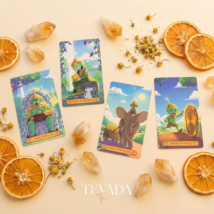 Journey to the Golden Realm Tarot Deck with cute Burmese mythology art and matte-teal edges for intuitive guidance.