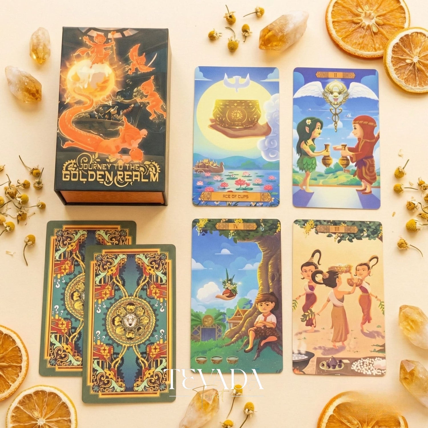 Journey to the Golden Realm Tarot Deck with cute Burmese mythology art and matte-teal edges for intuitive guidance.