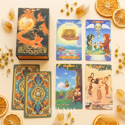 Journey to the Golden Realm Tarot Deck with cute Burmese mythology art and matte-teal edges for intuitive guidance.