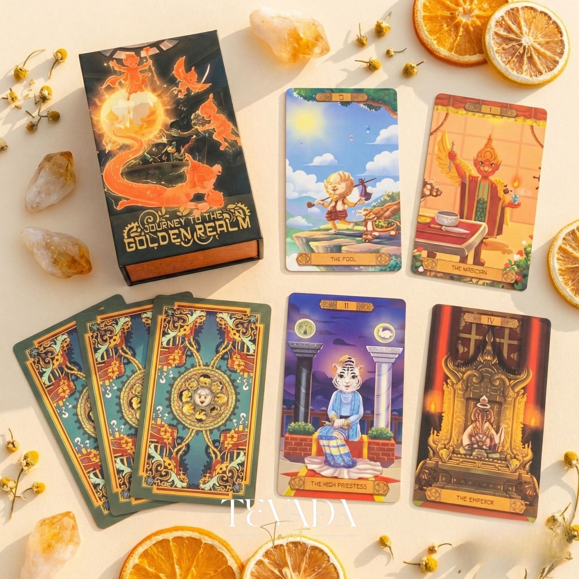 Journey to the Golden Realm Tarot Deck with cute Burmese mythology art and matte-teal edges for intuitive guidance.